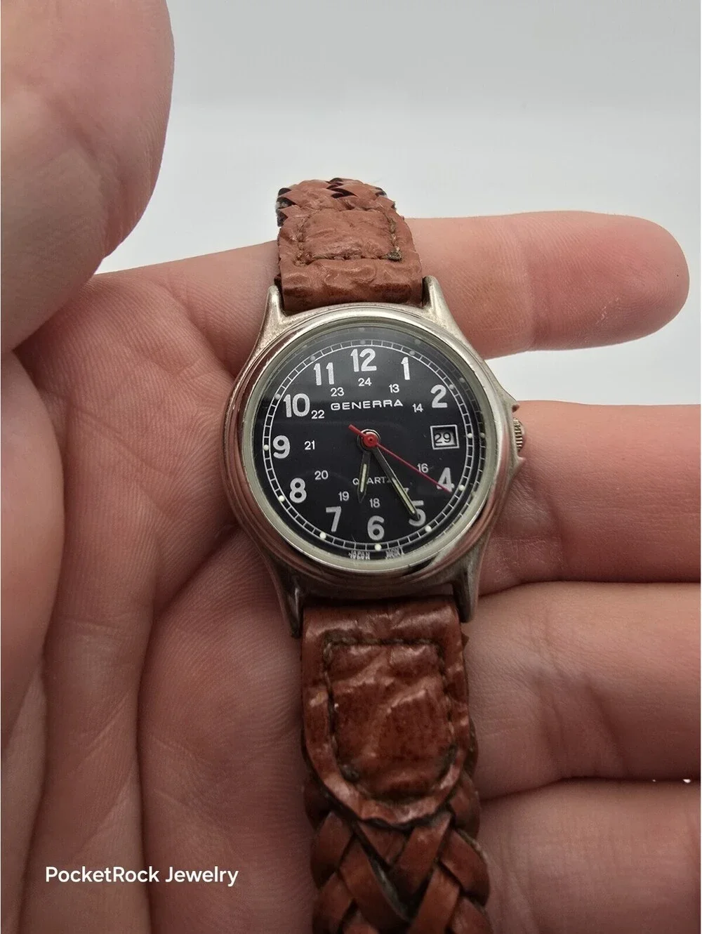 Generra Military Field Style Black Dial Date Braided Brown Leather Quartz Watch